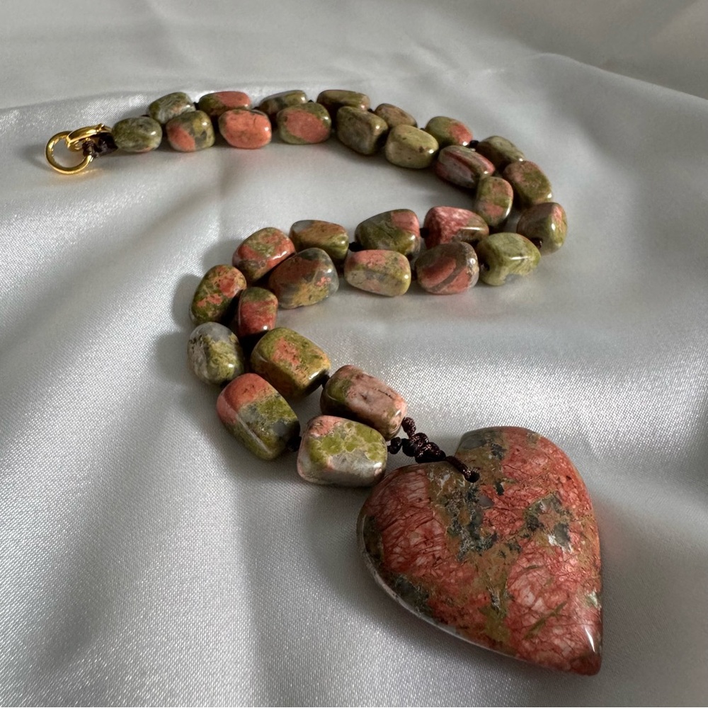 Gemstone Unakite Necklace with Heart Pendant - Picture 5 of 5
